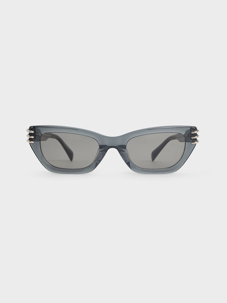 Recycled Acetate Metallic-Accent Angular Cat-Eye Sunglasses, Navy, hi-res