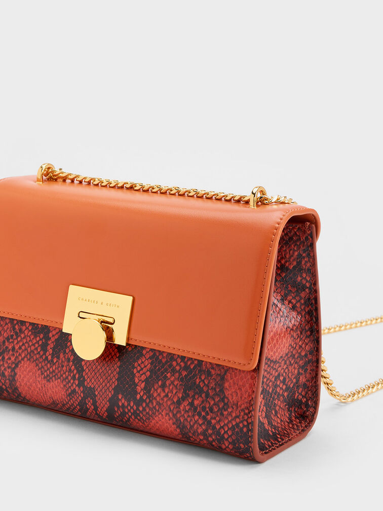 Snake Print Metallic Accent Clutch, Orange, hi-res