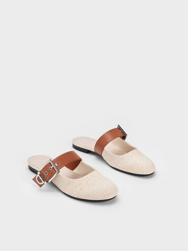 Buckled Strap Linen Mules, Beige, hi-res
