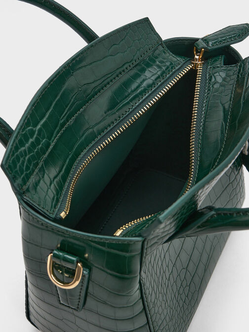 Croc-Effect Trapeze Tote Bag, Dark Green, hi-res