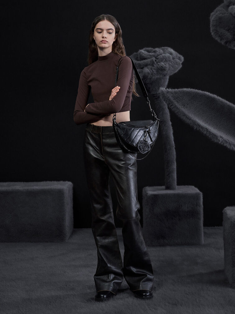 Philomena Rose-Motif Half-Moon Crossbody Bag, Noir, hi-res
