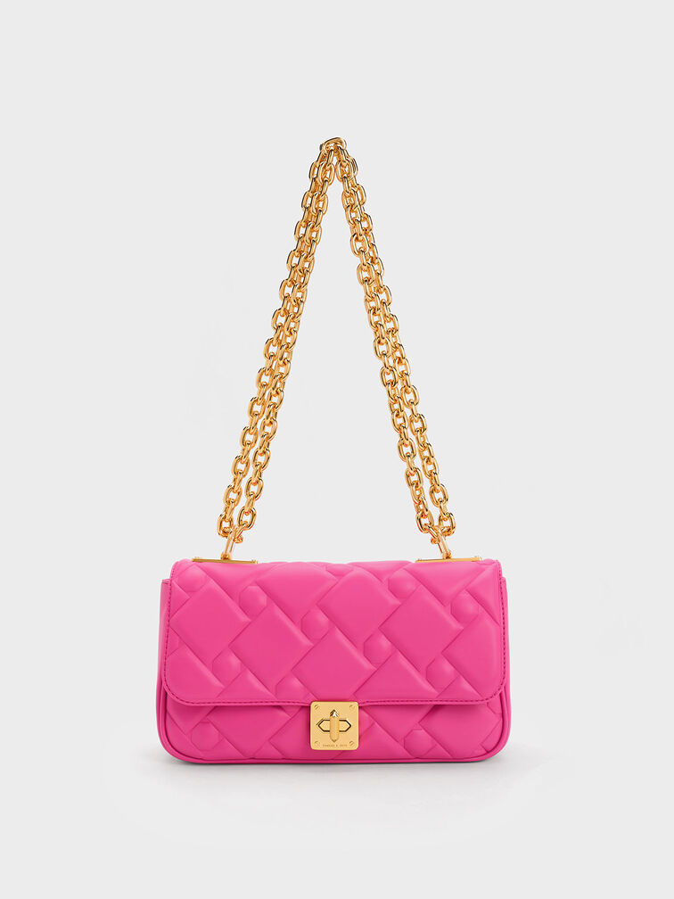 CHANEL Denim Quilted Chanel 19 Wallet On Chain WOC Neon Pink 969942