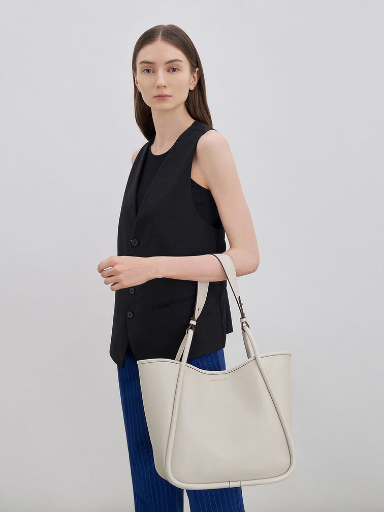Large Stitch-Trim Slouchy Tote Bag, Cream, hi-res