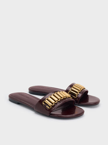Snake-Print Metallic-Accent Slide Sandals, Animal Print Burgundy, hi-res