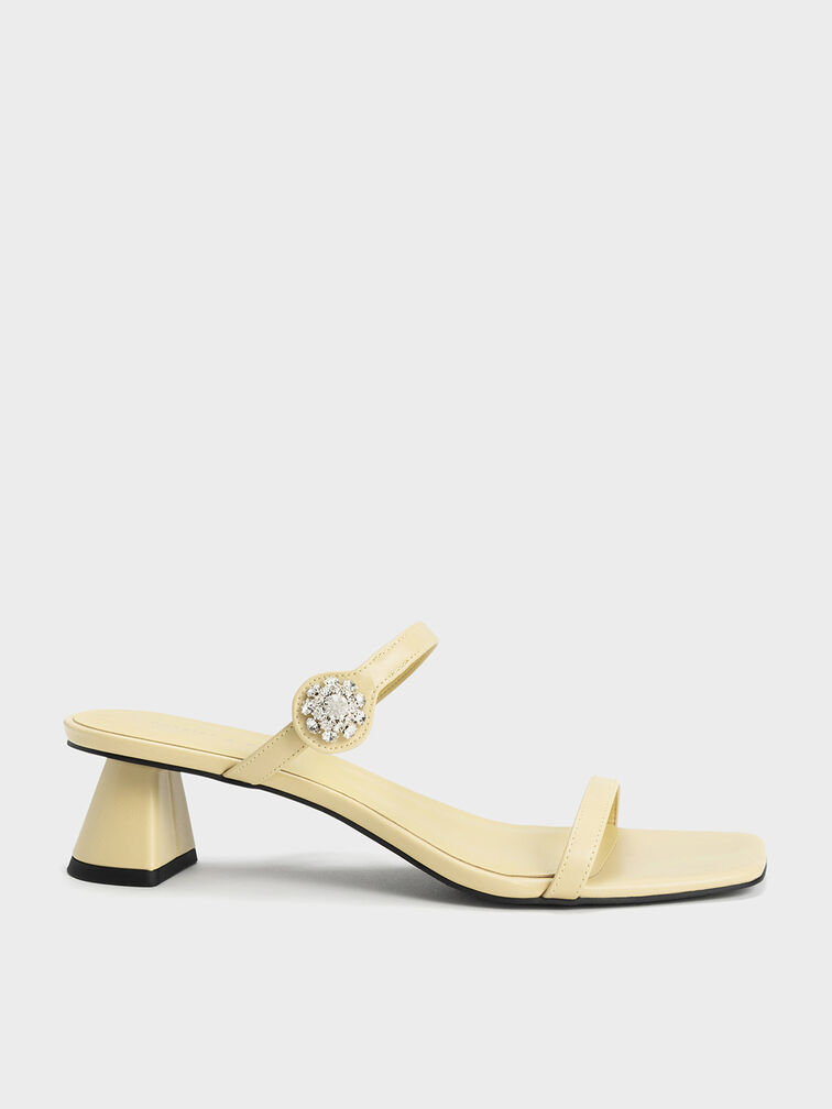 Gem Embellished Trapeze Heel Mules, Yellow, hi-res