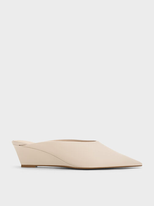 Pointed-Toe Wedge Mules, Cream, hi-res