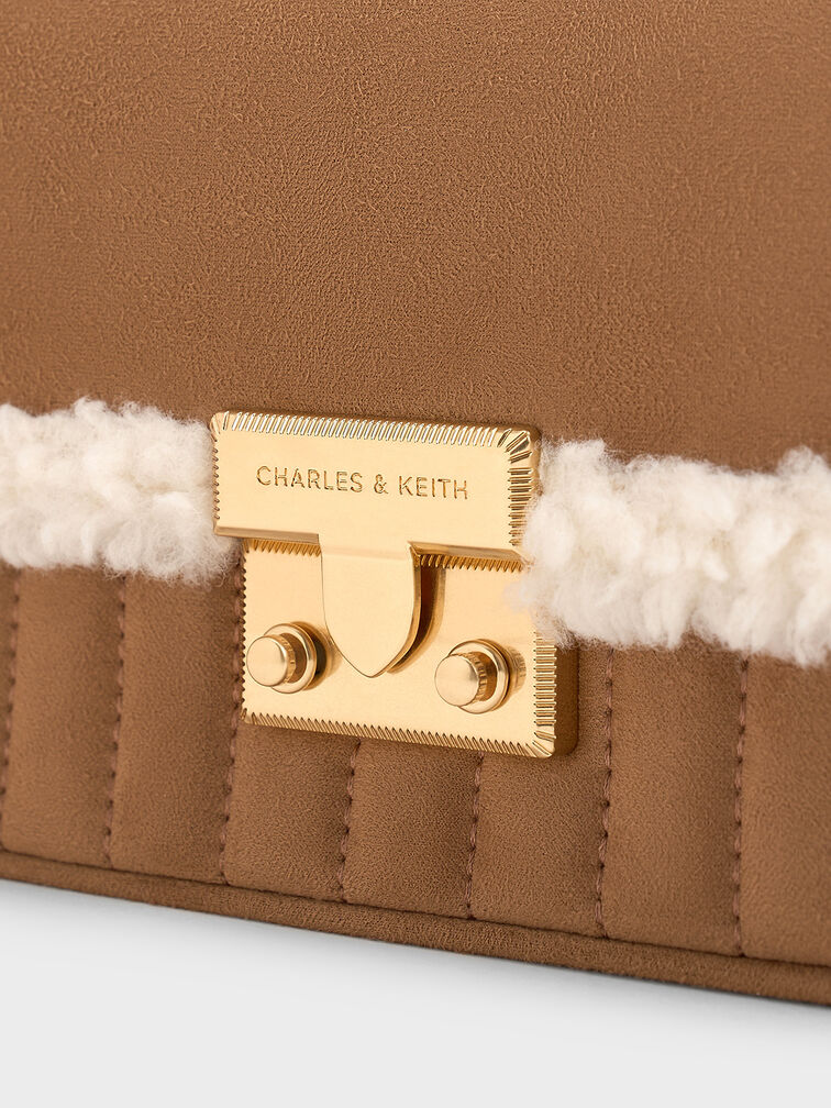 Mini Donna Faux Suede Fur-Trim Bag, Tan, hi-res