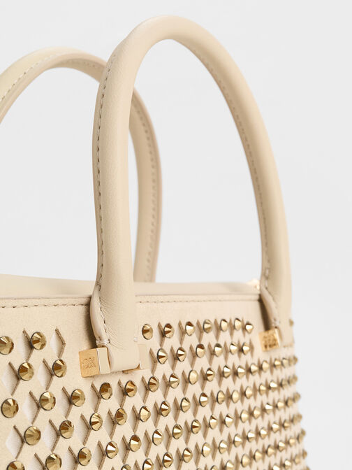 Suede & Leather Studded Cut-Out Tote Bag, Cream, hi-res