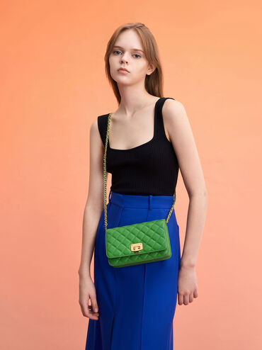 Quilted Push-Lock Clutch, Green, hi-res
