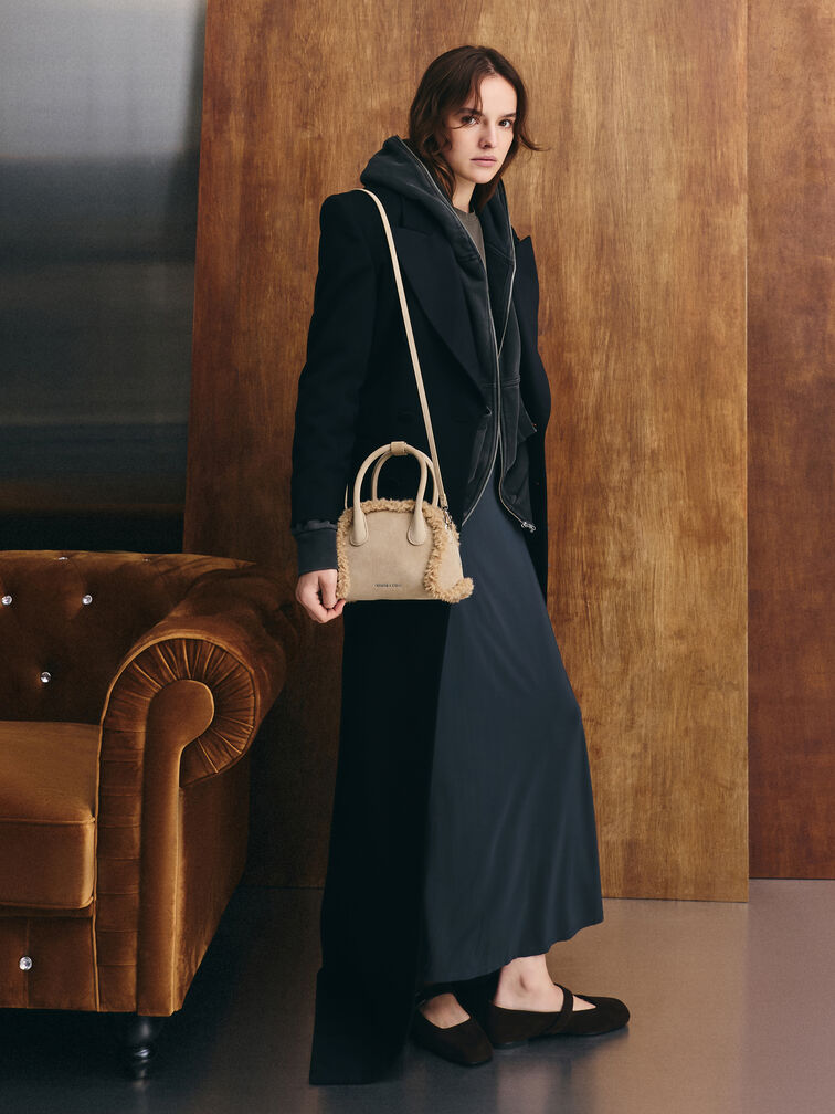 Nelly Recycled Suede & Faux Shearling Bowling Bag, Nutmeg Beige, hi-res