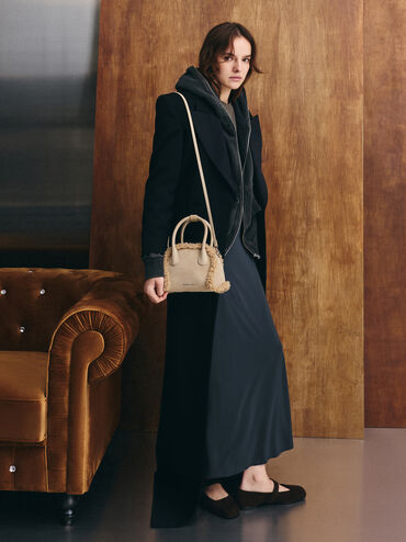 Nelly Recycled Suede & Faux Shearling Bowling Bag, Nutmeg Beige, hi-res