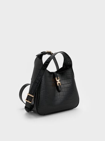 Mini Adalyn Croc-Effect Metallic-Buckle Belted Hobo Bag, Black Croco, hi-res