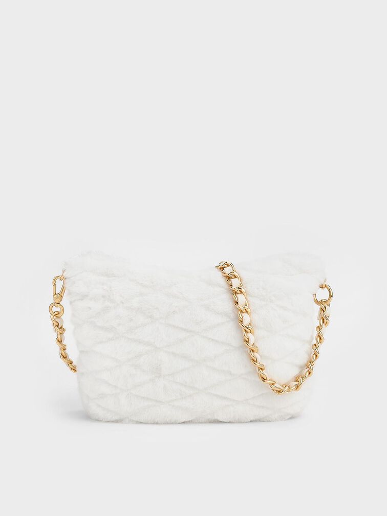 Duo Furry Quilted Crescent Bag, White, hi-res