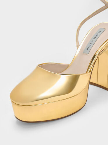 Metallic Platform Ankle-Strap Pumps, Gold, hi-res