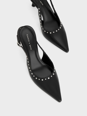 Studded Pointed-Toe Slingback Pumps, Black, hi-res