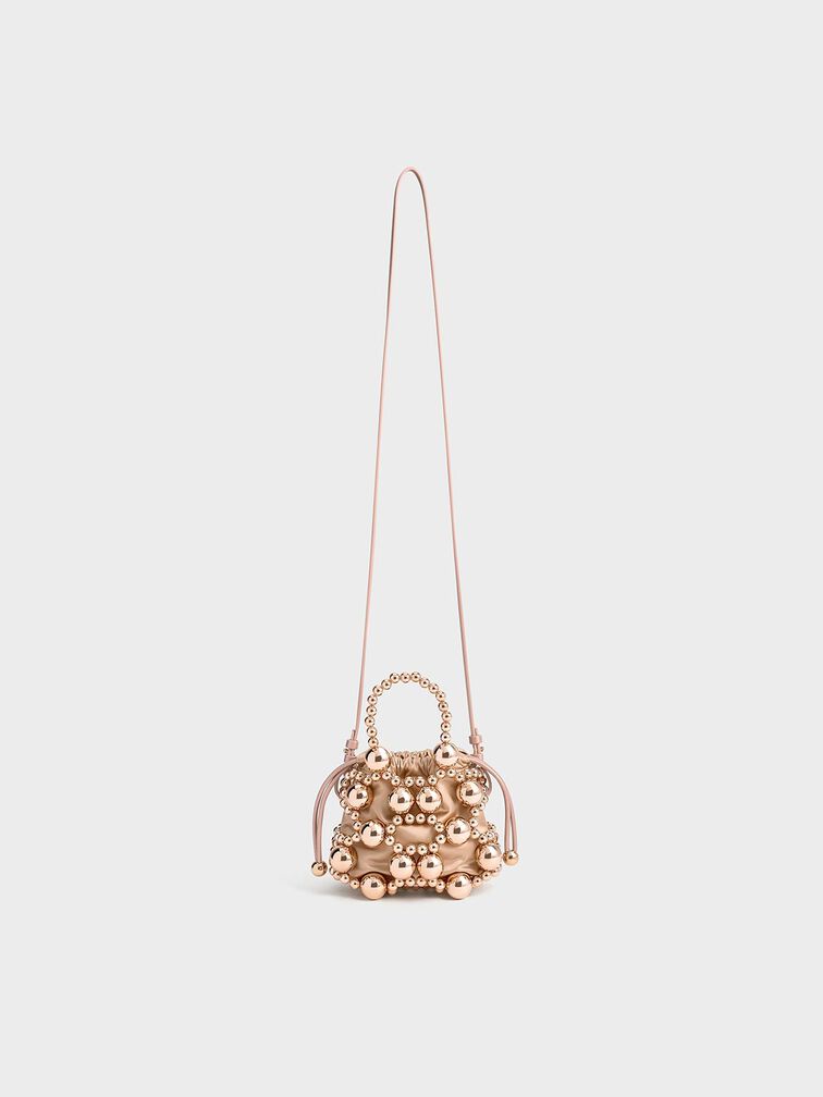 Metallic Beaded Top Handle Bag, Rose Gold, hi-res