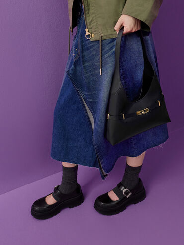 Arlet Metallic-Accent Belted Hobo Bag, Black, hi-res