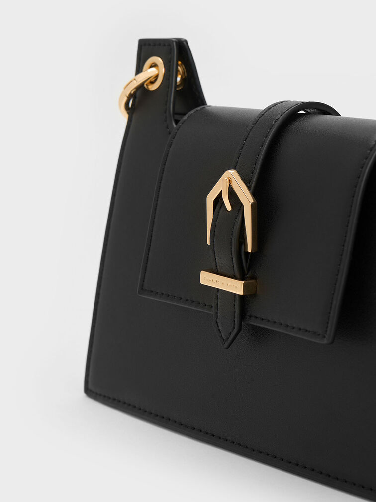 Belted Front Flap Shoulder Bag, Black, hi-res