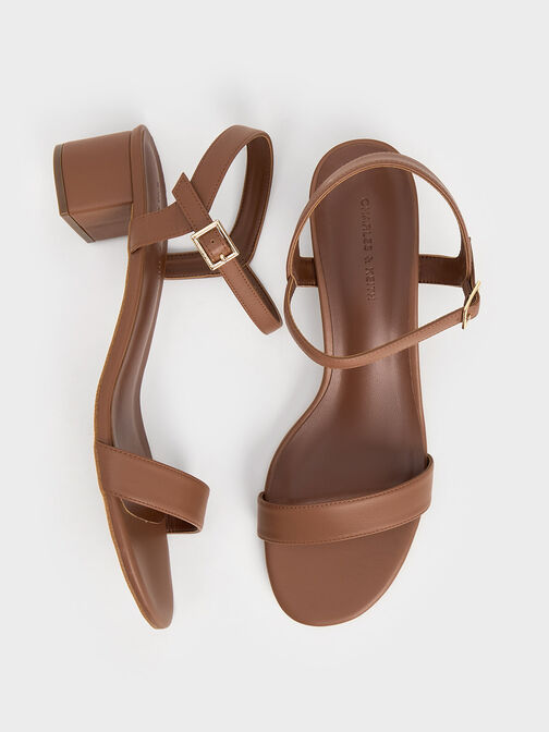 Block Heel Ankle-Strap Sandals, Brown, hi-res