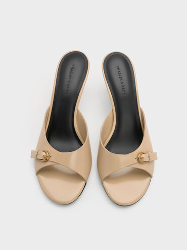 Buckled-Strap Heeled Mules, Beige, hi-res