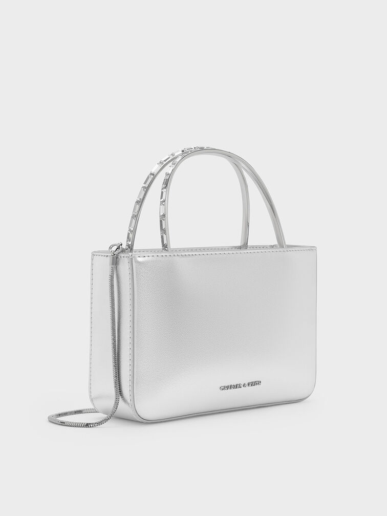 Satin Crystal-Embellished Top Handle Bag, Dusk Silver, hi-res