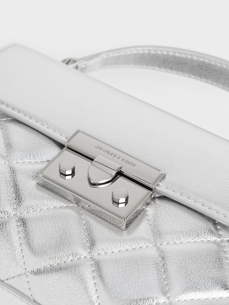 Alva Metallic Quilted Top Handle Bag, Silver, hi-res