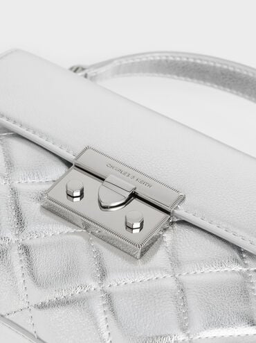 Alva Metallic Quilted Top Handle Bag, Silver, hi-res