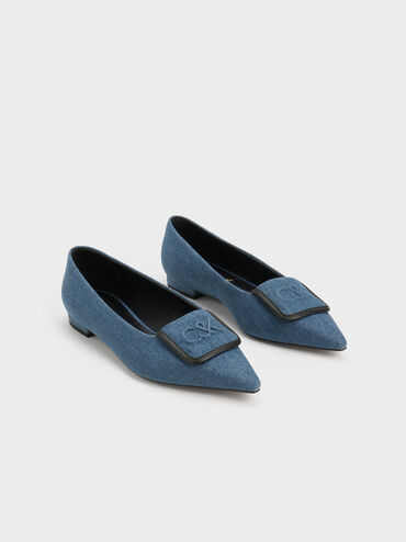 Leather & Denim Pointed-Toe Flats, Blue, hi-res