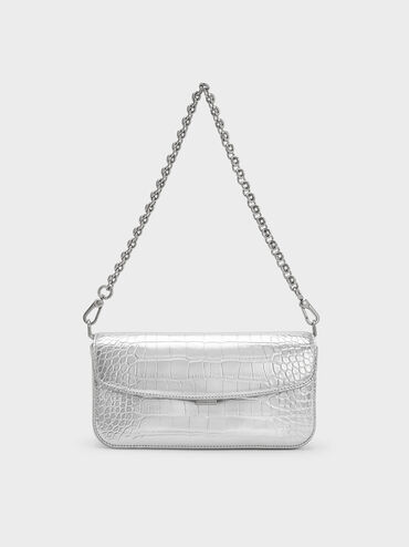 Metallic Croc-Effect Chain-Handle Shoulder Bag, Silver, hi-res