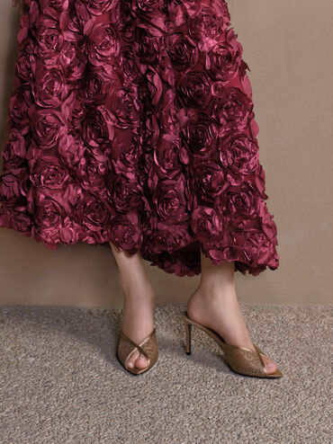 Glittered Mesh Peep-Toe Heeled Mules, Bronze, hi-res