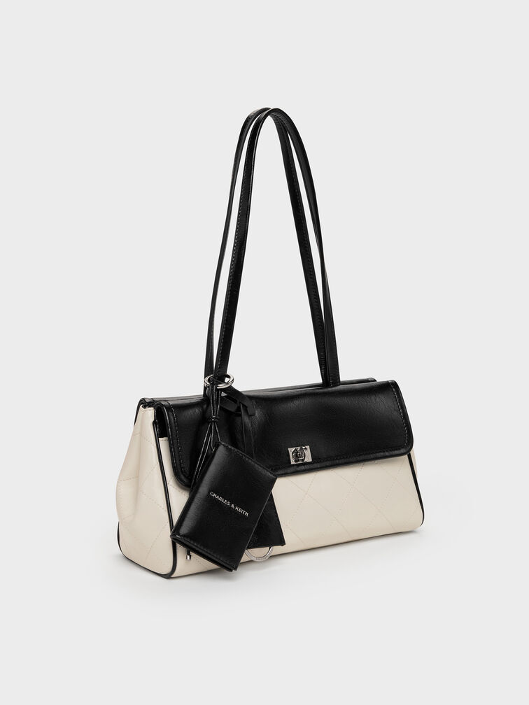 Apfra Two-Tone Quilted Elongated Shoulder Bag, Multi Cream, hi-res