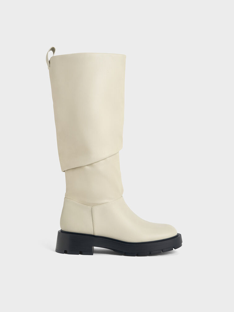 Ruched Knee-High Boots, Chalk, hi-res
