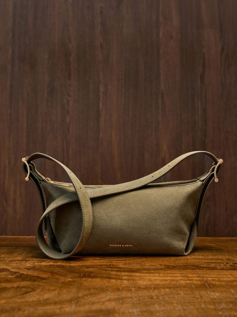 Larsen Recycled Suede Buckle-Strap Slouchy Shoulder Bag, Deep Olive, hi-res