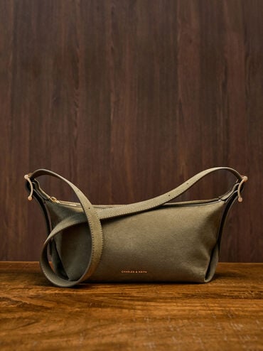 Larsen Recycled Suede Buckle-Strap Slouchy Shoulder Bag, Deep Olive, hi-res