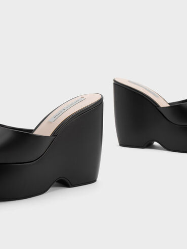 Chunky Platform Wedge Mules, Black, hi-res