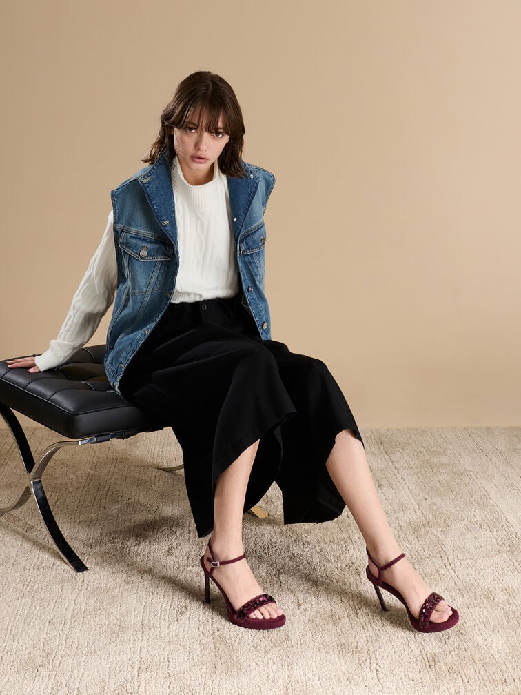 Sequinned Ankle-Strap Stiletto Sandals, Burgundy, hi-res