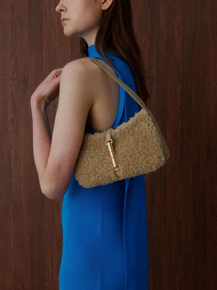 Cesia Faux Shearling Metallic-Accent Shoulder Bag, Nutmeg Beige, hi-res