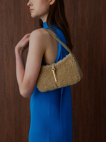 Cesia Faux Shearling Metallic-Accent Shoulder Bag, Nutmeg Beige, hi-res