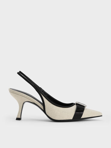 Anita Linen Buckled Pointed-Toe Slingback Pumps, Chalk, hi-res