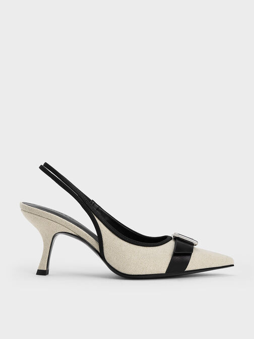 Anita Linen Buckled Pointed-Toe Slingback Pumps, Chalk, hi-res