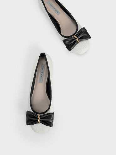 Tweed Chain-Link Bow Ballerinas, White, hi-res