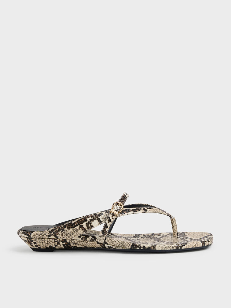 Snake-Print Buckled Thong Wedge Sandals, Animal Print Natural, hi-res