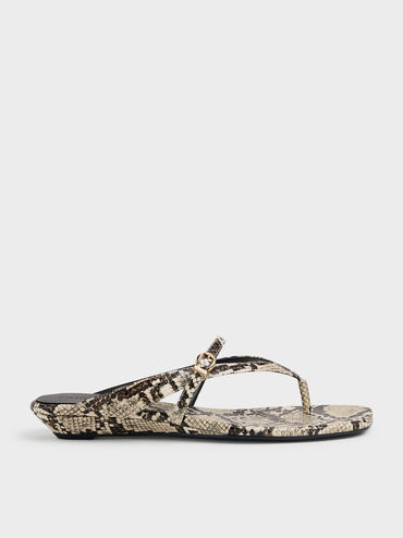 Snake-Print Buckled Thong Wedge Sandals, Animal Print Natural, hi-res