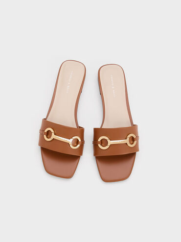 Metallic Bar Slide Sandals, Cognac, hi-res