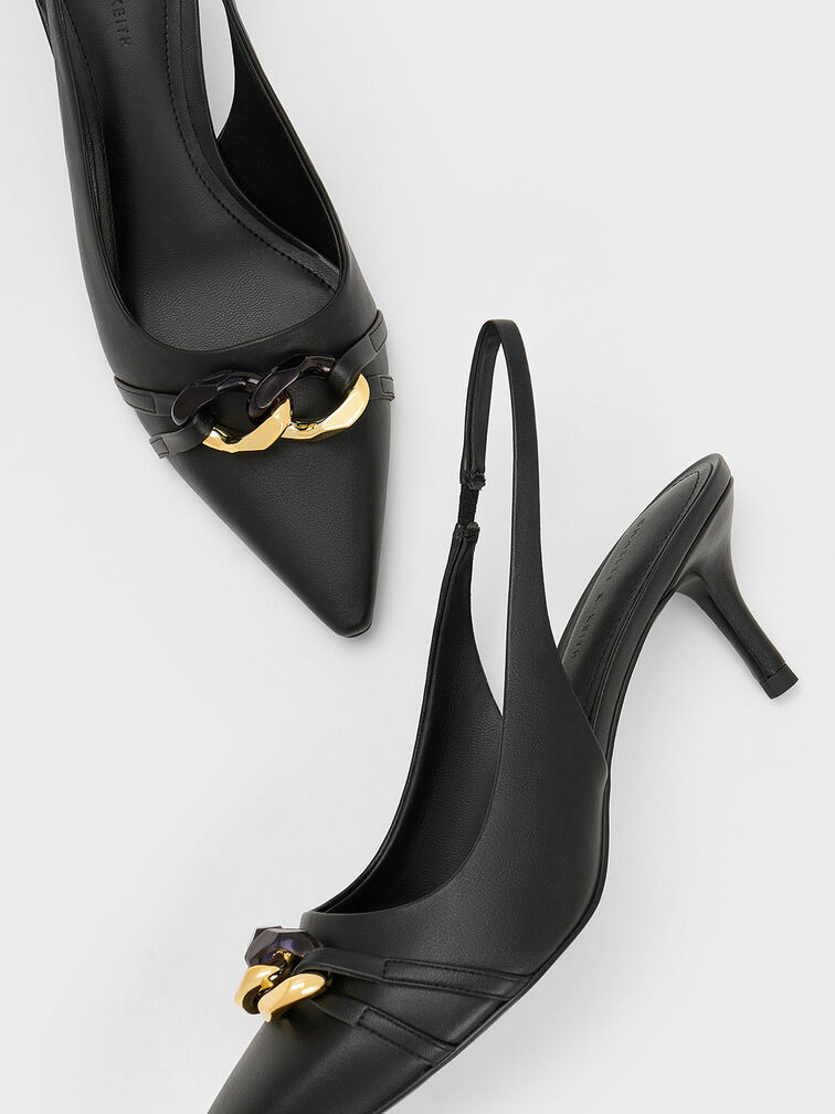 Chain-Link Accent Slingback Pumps, Black, hi-res