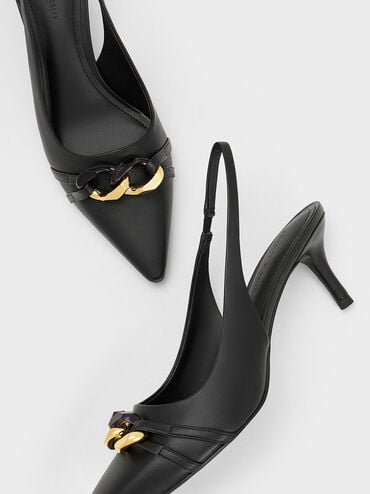 Chain-Link Accent Slingback Pumps, Black, hi-res