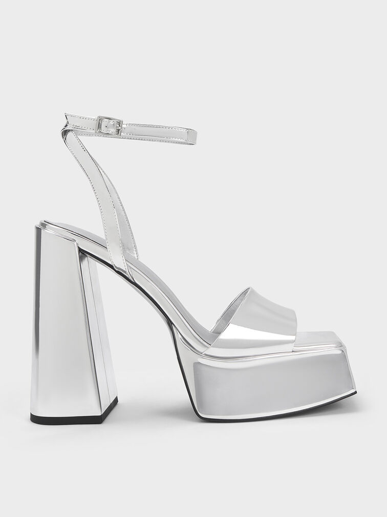 Metallic Platform Ankle-Strap Sandals, Silver, hi-res