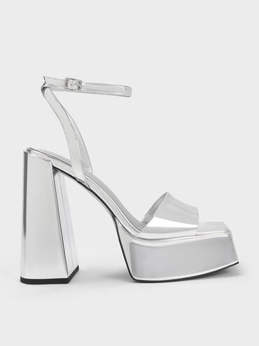 Metallic Platform Ankle-Strap Sandals, Silver, hi-res