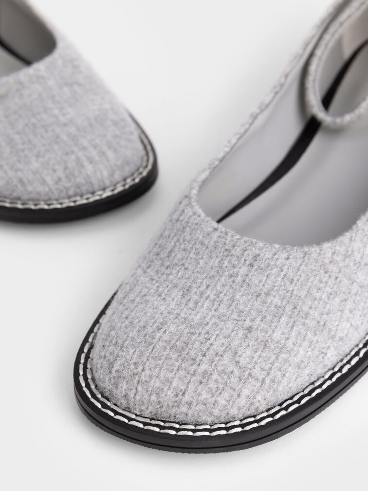 Stitch-Trim Knitted Ankle Strap Ballerinas, Light Grey, hi-res