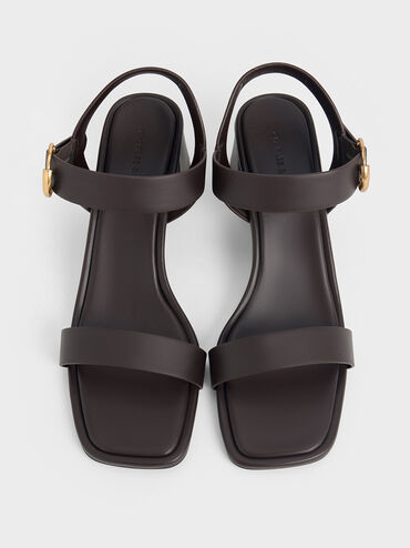 Buckled Square-Toe Trapeze-Heel Sandals, Dark Brown, hi-res